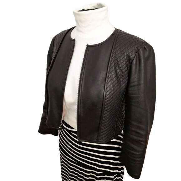 Vegan Leather Crop Biker Jacket Sz Lg Black Lined Quilted Zipped BCBGMAXAZRIA - Picture 6 of 13